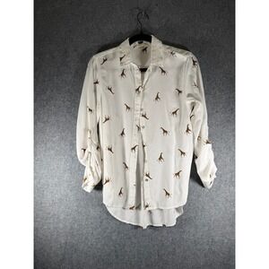 Jane and Delaney Shirt Small White Giraffe Print Rayon Button Down Roll Tab